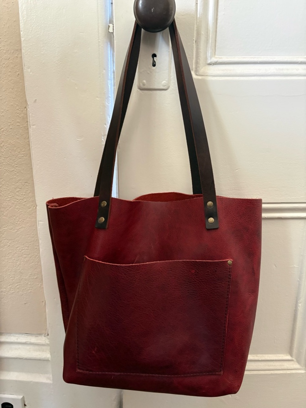 Portland Leather Red Tote with Front Pocket and Dark Brown Straps